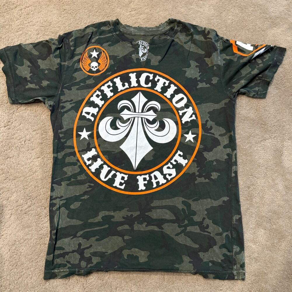 Affliction Army Tee Fatigue Style Green Camo M Back Graphic Skull Made in USA